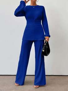 EURMUSE Women's Solid Color Round Neck Lantern Sleeve Ruched Waist Top And Wide Leg Pants Fashion 2 Pieces Set - Navy Blue - View 3