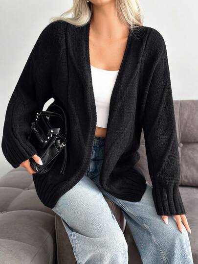 EURMUSE Cardigan clássico de malha preta com frente aberta, bainha canelada e caimento relaxado para sobreposição