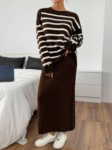 EURMUSE Women Stripe Pattern Round Neck Drop Shoulder Pullover & Sweater Skirt Set,Petite Co Ord,Co Ord,Petite,Winter Clothes - Brown - View 3
