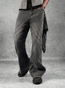 SUMWON Grunge风格阔腿喇叭牛仔裤，宽松版型，拼接牛仔布，复古Y2K都市街头风，做旧毛边裤脚，纯色 - 黑色 - 查看 2