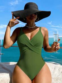 Swim Vcay 1pc Striped Fabric Criss-Cross Front One-Piece Swimsuit For Summer Beach Vacation