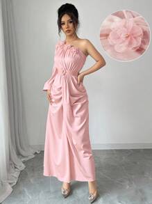 Modelyn Women's Long Asymmetrical Neck Dress With 3D Floral Decor - Pink - View 2