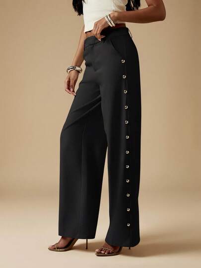 MISSGUIDED Elegant High Waist Wide Leg Trousers Side Button Detail Professional Office Pants Studded Evening Formal Occasion