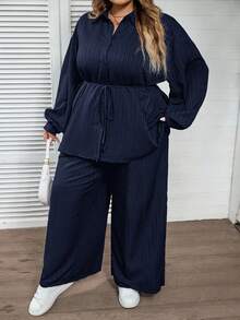 SHEIN CURVE+ 大码休闲纯色衬衫和裤子两件套 - 藏蓝色 - 查看 9