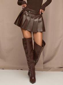 SHEIN BAE Women's Autumn And Winter Chocolate Brown Solid Buckle Design Pleated PU Leather Skirt,Leather Pleated Skirt, Skater Skirt,Fall Outfits Women,Winter Clothes For Women,Halloween Clothes , Business Casual Woman,Old Money Style Women