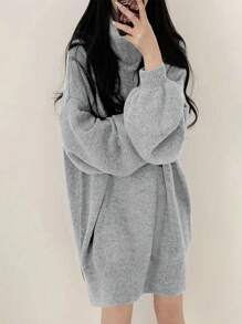 SoleilVie 女士纯色高领落肩长袖休闲宽松针织毛衣连衣裙，适合大学秋季和冬季穿着。