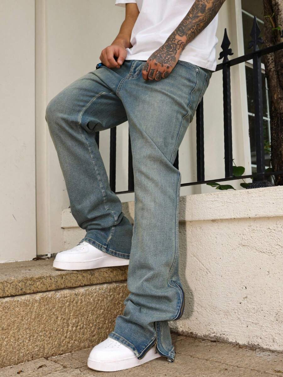 Manfinity Roughcore Men's Casual Jeans With Pockets And Zip Ankle Design Going Out Urban Hang Out Street Vacation - Medium Wash - View 1