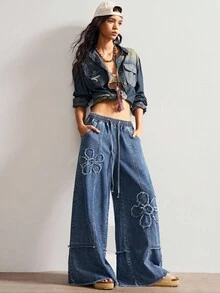 Bohemela Jeans de pierna ancha de unicolor casual para mujer