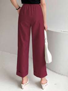 SHEIN Cottnline بنطلون نسائي كاجوال بجيوب مائلة وطيات مطوية، لون أحادي، مناسب للتنقل اليومي - عنابي اللون - مشاهدة 4