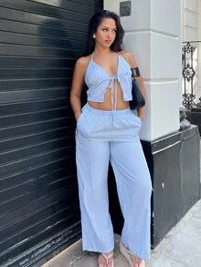 NegzBox 2 piezas Conjunto casual de mujer con top de tirantes halter sin espalda a rayas y pantalones de pierna ancha con bolsillos de verano - Azul - Ver 5