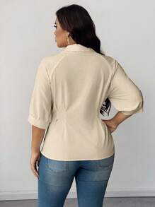 Maweii Plus Size Solid Color Collared Ruched Waist Elegant Blouse - Apricot - View 2