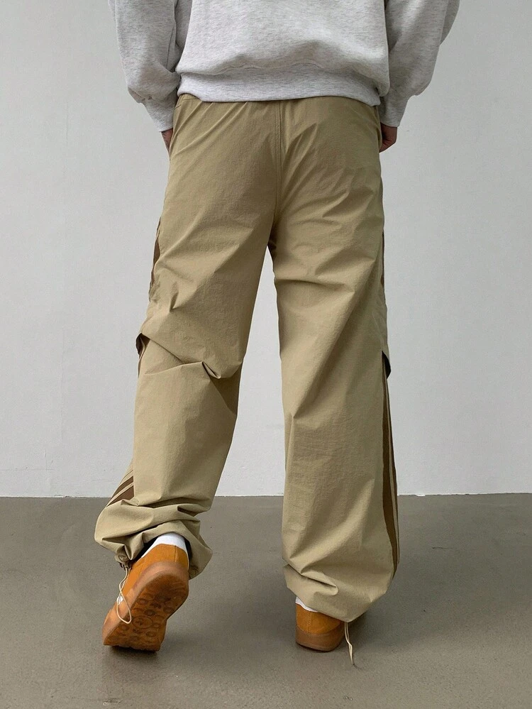 Men's Khaki Pants With Side Seam Color Blocking, Autumn Men Joggers