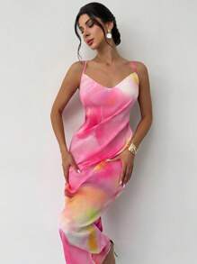 Firerie 夏季新款女装连衣裙，简约优雅浪漫，适合休闲约会、假日海滩派对，黄粉色花卉印花，褶皱纹理面料，细肩带甜心领无袖修身长裙 - 玫紅色 - 查看 3