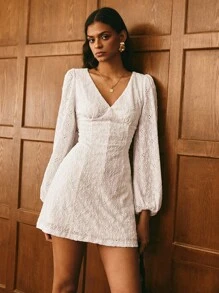 Poéselle Elegant Eyelet Lace Puff Sleeve Mini Dress For Women – White V Neck Brunch Outfiteyelet Lace Dress,White Mini DressPuff Sleeve Dress,Brunch Outfit,V Neck Lace Dress,Elegant White Dress,Fall Wedding Guest Dress - White - View 1