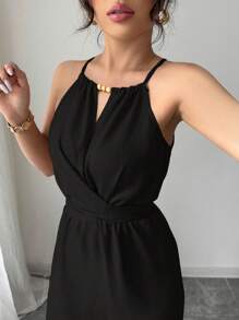 Elenzga 女式优雅休闲卡其色褶皱面料无袖串珠抽绳腰部纽扣长裙，春夏 - 黑色 - 查看 3