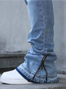 Manfinity EMRG 男士浅色水洗阔腿喇叭牛仔裤，拉链细节设计，适合休闲穿着 男士浅色水洗牛仔裤 - 淺色水洗藍 - 查看 6