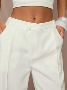 SHEIN BAE Women's Elegant Casual Off-White Classy Wide Leg Pants, Autumn Office Daily Business Casual Dress Pants, Loose Toothpick Stripe Design Commuting Work - White - View 3