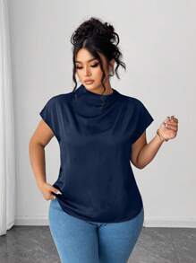 SHEIN LUNE Plus Size Women's Elegant Black Poplin Solid Color Shirt, Spring/Summer - Navy Blue - View 3