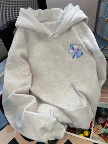 SHEIN 女士花卉印花落肩连帽衫 - 淺灰色 - 查看 2