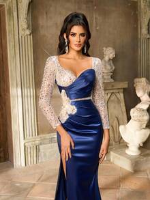 Aureia Váy dạ hội trang trọng thanh lịch, sang trọng, thêu sequin xanh lam, chắp vá, satin thủ công, chuỗi đá giả 3D, cổ tim, tay dài, voan xếp nếp gợi cảm, xẻ tà gợi cảm dành cho nữ - Màu xanh hải quân - Xem 2