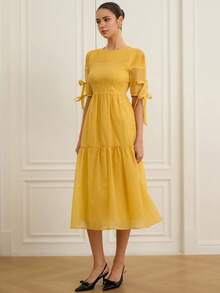 Chiquease Women's Pleated Chiffon Tie-Waist Midi Dress, Flowy Swing Skirt, Suitable For Summer, Music Festival, Beach, Holiday, Teacher Club, Cute - Yellow - View 3