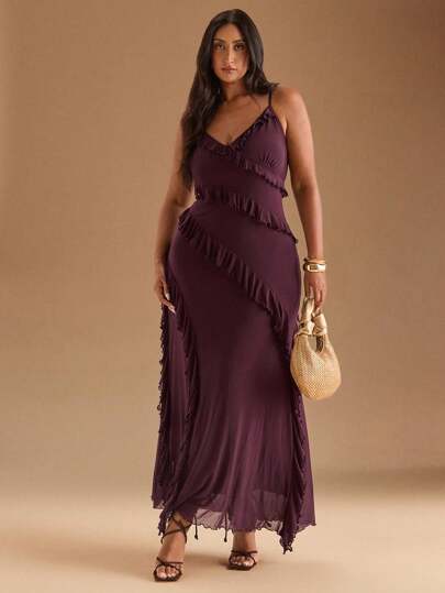 SHEIN BAE Plus Size Women's Summer Elegant Resort Date Floral Printed Stretch Mesh Halter Neck Maxi Dress, Suitable For Concerts, Graduation Commute Plus Size Dresses Burgundy Plus Size Ruffle Dress/Evening Dress/Fall/Winter Clothes/Fall Wedding Guest Dress/Classy Elegant Dress  /Formal Dress  /Y2k Dress/Party Dress /Birthday Dress /Going Out Dress  /Plus Size Dress/Curve Dress/Red Dress,Valentine's Day,Valentine Outfits For Women