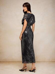 House of One Shiny Black Mesh Dolman Sleeve Cinched Waist Party Midi Dress Women Elegant Dress Old Money Fall Clothes Fall Outfits Business Professional Women Business Casual Woman