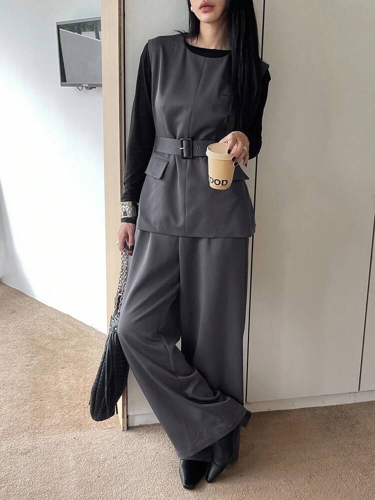 Women's Round Neck Vest And Pants 2 Pieces Set, Spring/Autumn