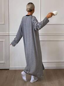 DAZY 宽松条纹长袖睡裙，女士睡衣连衣裙，秋季睡衣，冬季睡衣，宽松睡裙 - 黑色 - 查看 2
