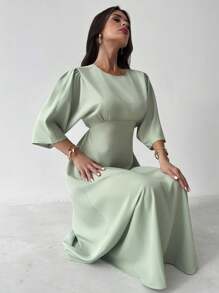 Firerie 女士优雅休闲日常通勤度假办公绿色圆领短袖系带A字X型中长连衣裙，适合度假、海滩、夏季穿着 - 綠色 - 查看 8