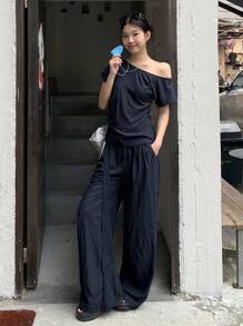 DAZY 女式不对称领口短袖衬衫和休闲荷叶边系腰裤套装 - 藍色 - 查看 4