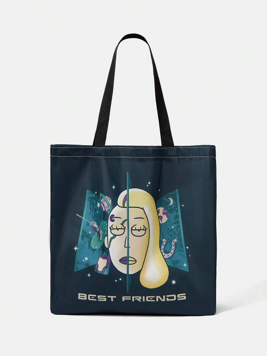 Rick and Morty X SHEIN Túi Tote, Balo thời trang tái sử dụng, Túi xách đa năng, Túi mua sắm vải canvas in - Nhiều màu - Xem 1