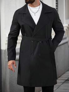 Manfinity Homme Men's Casual Versatile Solid Color Black Double-Breasted Trench Coat, Old Money , Fall - Black - View 6
