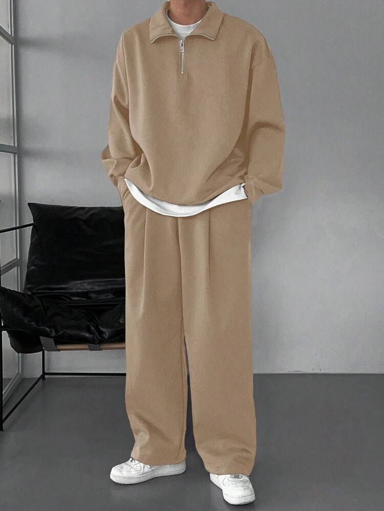 Men's Solid Color Khaki Half-Zip Sweatshirt & Pants Set, Autumn, Cozy Outfits