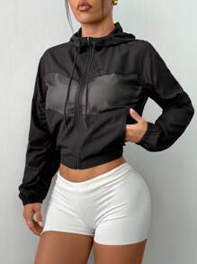 Gameset SHEIN Sport Casual Solid Color Mesh Patchwork Hooded Cropped Sports Jacket - Black - View 3