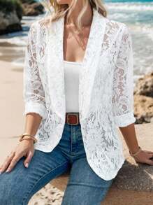 EMERY ROSE Ladies' Lace Loose Jacket With Shawl Collar And Half Curve Hem For Holiday Party Clothes
