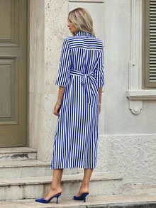 EMERY ROSE 蓝白条纹法式扭纹前缩装饰中长袖女式夏季长裙配扣长款女装 - 藍色 - 查看 2