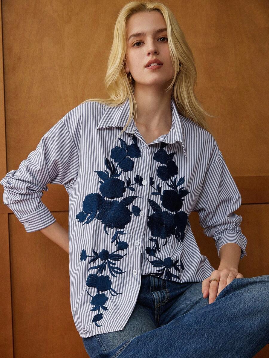 Écloséra Cămașă retro franceză cu rever, mânecă lungă, un singur nasture, brodată cu dungi, primăvară/toamnă - Multicolor - Vizualizare 1