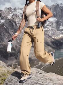 女式抽绳腰带口袋阔腿宽松休闲百搭牛仔裤 - 卡其色 - 查看 4