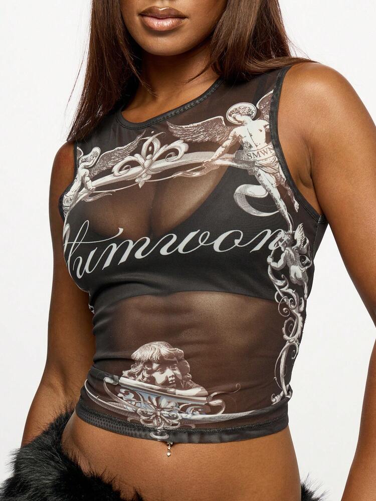 SUMWON Mesh Sheer Tank Top Y2K Aesthetic Festival Rave Club Party Mesh Sleeveless Crop Top With Print Elegant Statement Streetwear