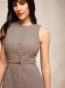 House of One Jacquard Elegant Skinny Button-Up Embellished Boat Neck Sleeveless Mini Dress Women Fall Winter Old Money Fall Outfits Business Professional Women Business Casual Woman