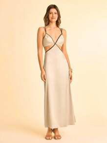 CAJUNI Vestido largo con espalda descubierta y ribete de color contrastante, sexy para el verano - Albaricoque - Ver 1