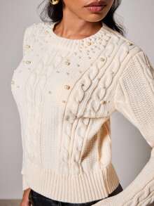 COSMINA 女士优雅珍珠缀饰长袖毛衣，秋冬 - 杏色 - 查看 7