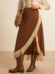 SHEIN VCAY Gonna avvolgente casual vintage con decorazione a nappine, taglie comode - Castano - Visualizzare 10