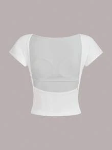 Women's Casual Padded Backless Sexy Crop Top T-Shirt, Floral Print, Backless, Bra-Free, Fall Women Clothes, Built-In Bra - Multicolor - View 5