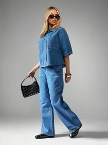 MISSGUIDED Calça jeans de cintura alta com perna reta e detalhes cravejados, calças largas com rebites e bolsos enfeitados, moda festa, boate, noite, peça de moda, calça jeans estética