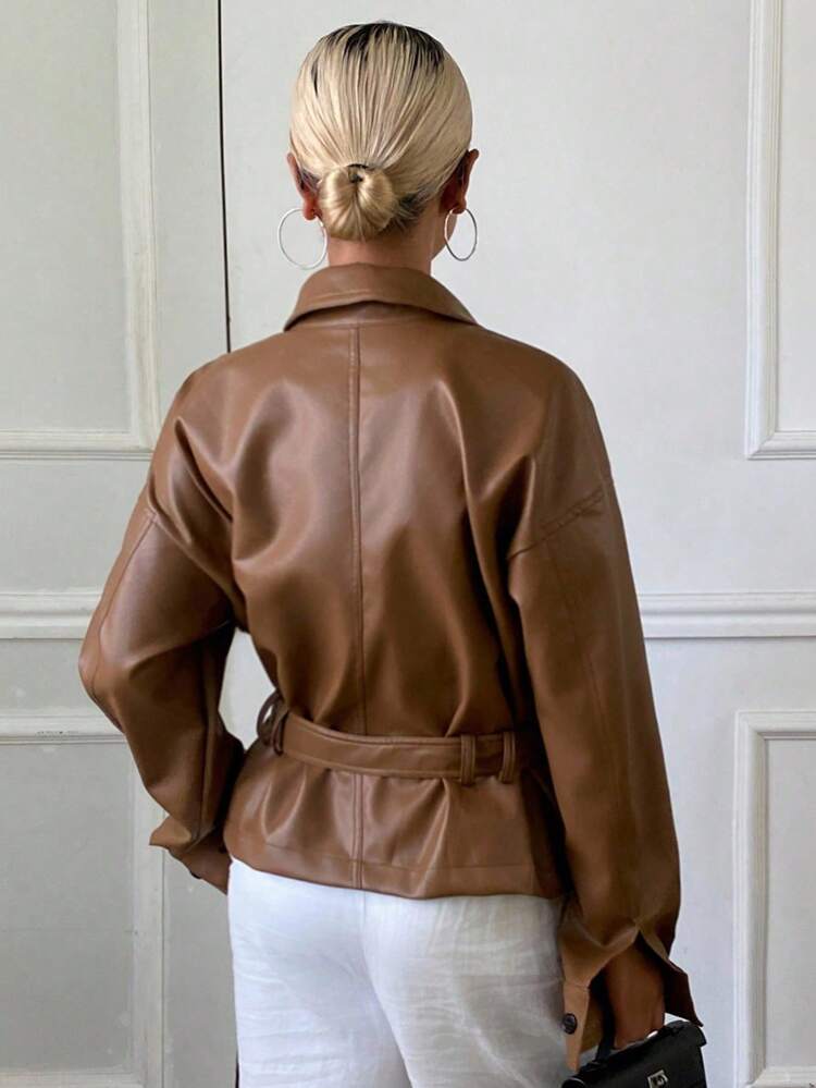Women's Loose Solid Color PU Jacket With Pockets And Belt, Long Sleeve Casual Street Wear, Autumn/Winter Women Coats