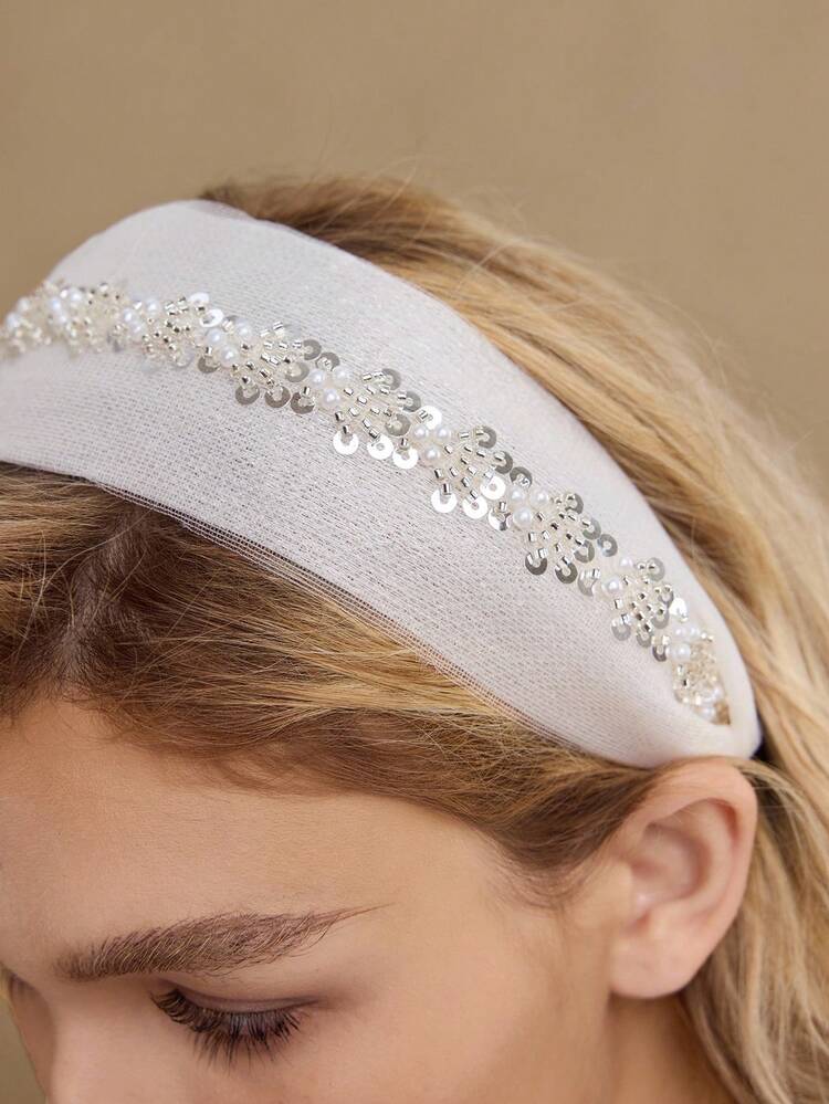 BANDEAU BLANC EN MAILLE AVEC STRASS ET FAUX PERLES