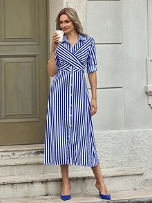 EMERY ROSE 蓝白条纹法式扭纹前缩装饰中长袖女式夏季长裙配扣长款女装 - 藍色 - 查看 3