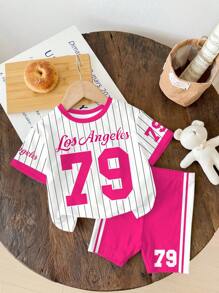 SHEIN 2 件女婴休闲宽松数字 79 印花圆领短袖 T 恤和紧身骑行短裤套装，适合春夏季、清凉夏季、度假氛围 - 彩色 - 查看 6